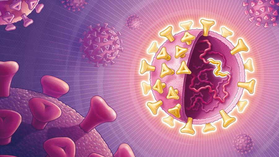 covid 19 virus with highlighted genetic strand